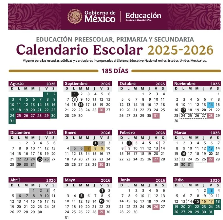 Calendario Escolar 2025-2026 emitido por la Secretaría de Educación Pública.